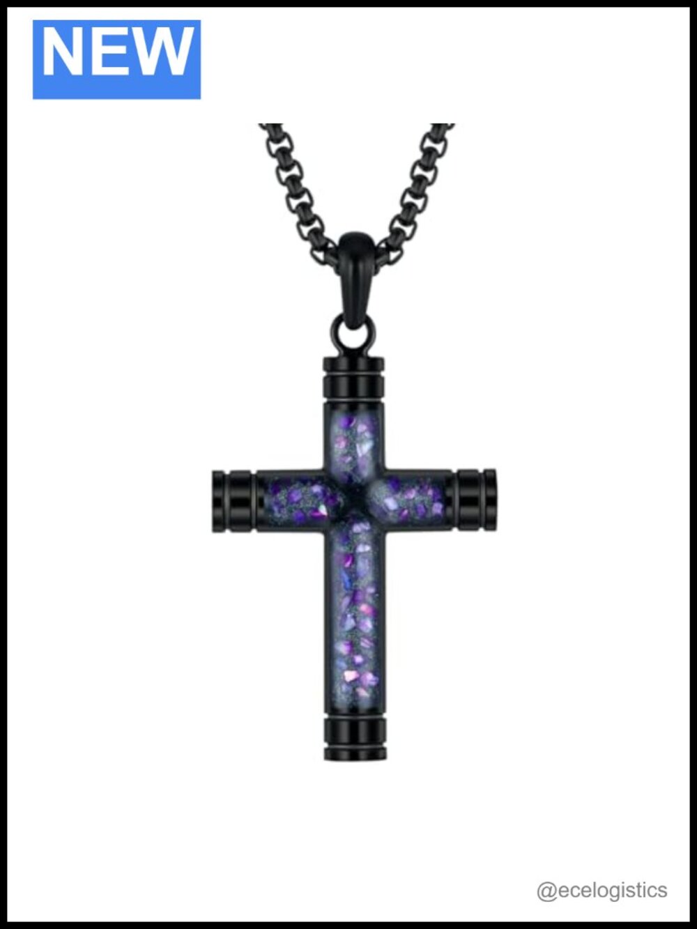 Stainless Steel Cross Necklace Amethyst Pendant Adjustable Box Chain Religious